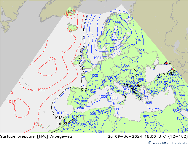 Surface pressure Arpege-eu Su 09.06.2024 18 UTC