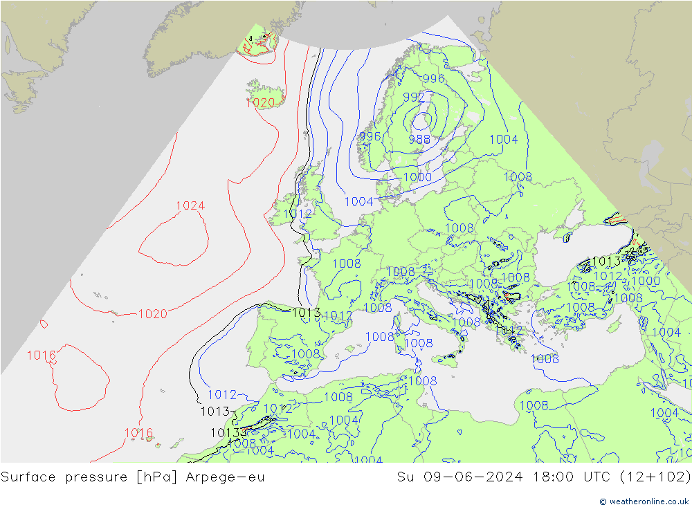 Luchtdruk (Grond) Arpege-eu zo 09.06.2024 18 UTC