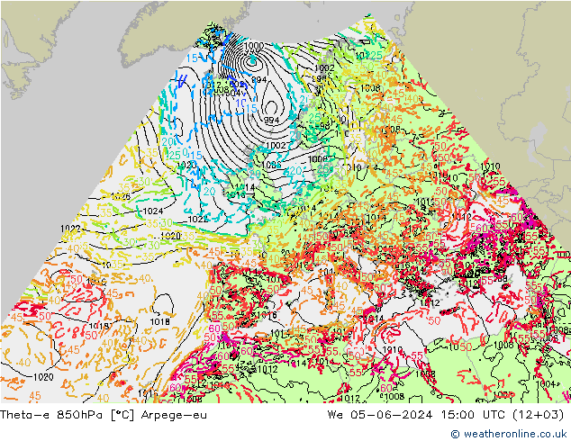 Theta-e 850hPa Arpege-eu Mi 05.06.2024 15 UTC