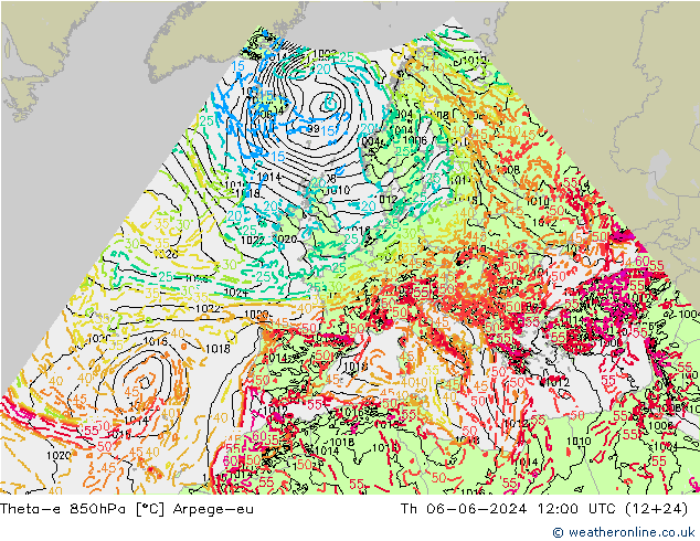 Theta-e 850hPa Arpege-eu Do 06.06.2024 12 UTC