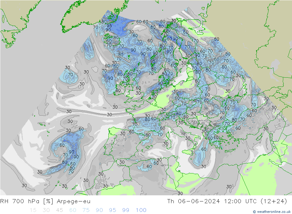 RH 700 hPa Arpege-eu  06.06.2024 12 UTC