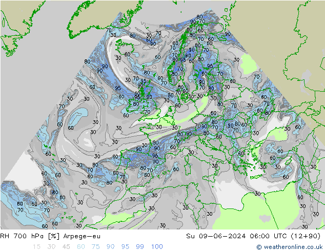 RH 700 гПа Arpege-eu Вс 09.06.2024 06 UTC