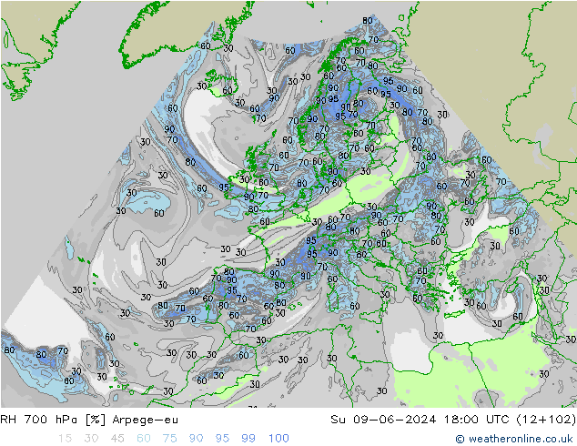 RH 700 hPa Arpege-eu Su 09.06.2024 18 UTC