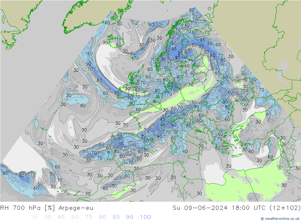 RH 700 hPa Arpege-eu So 09.06.2024 18 UTC