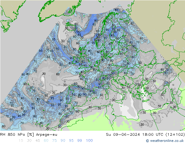 RH 850 hPa Arpege-eu So 09.06.2024 18 UTC