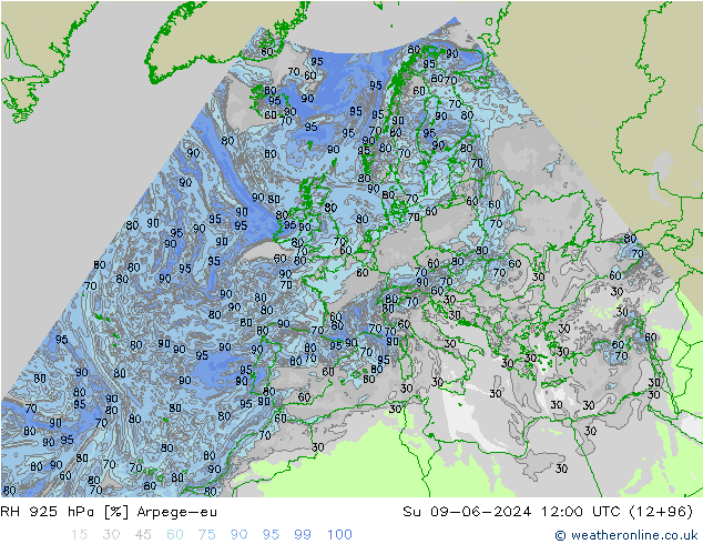 RH 925 hPa Arpege-eu dom 09.06.2024 12 UTC