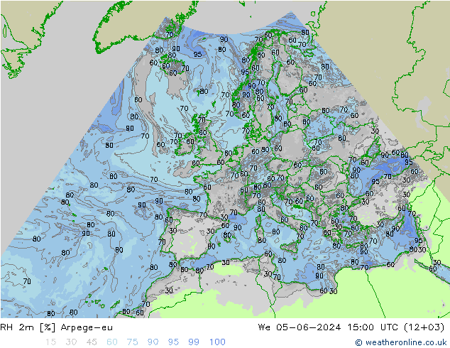 Humidité rel. 2m Arpege-eu mer 05.06.2024 15 UTC