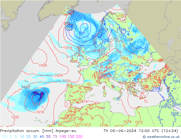 Precipitation accum. Arpege-eu Th 06.06.2024 12 UTC