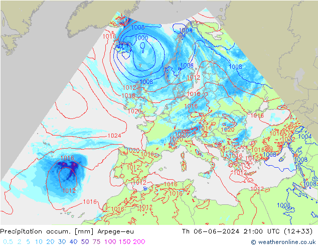 Precipitation accum. Arpege-eu чт 06.06.2024 21 UTC