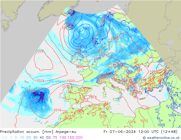 Precipitation accum. Arpege-eu Fr 07.06.2024 12 UTC