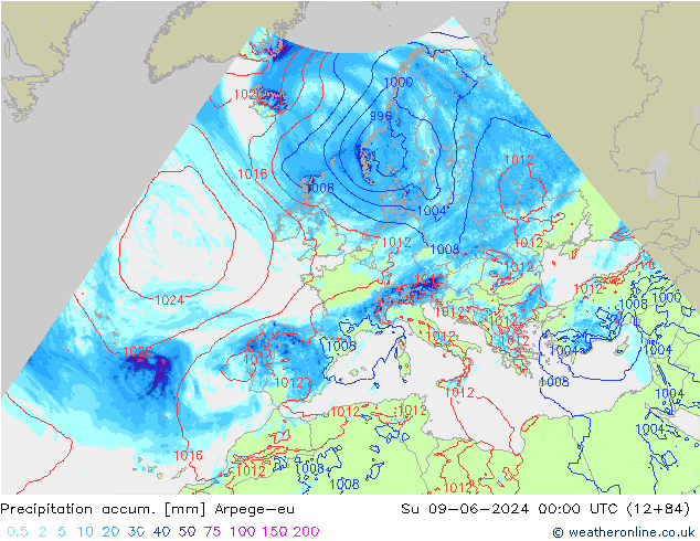 Precipitation accum. Arpege-eu Dom 09.06.2024 00 UTC