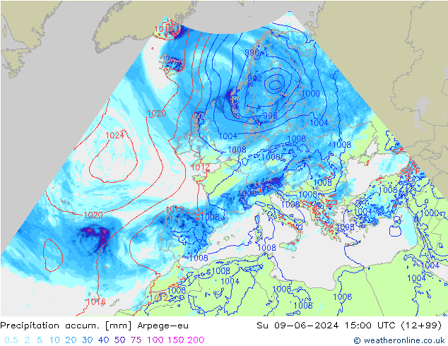 Toplam Yağış Arpege-eu Paz 09.06.2024 15 UTC