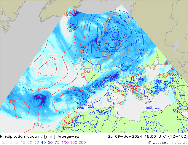 Precipitation accum. Arpege-eu Su 09.06.2024 18 UTC