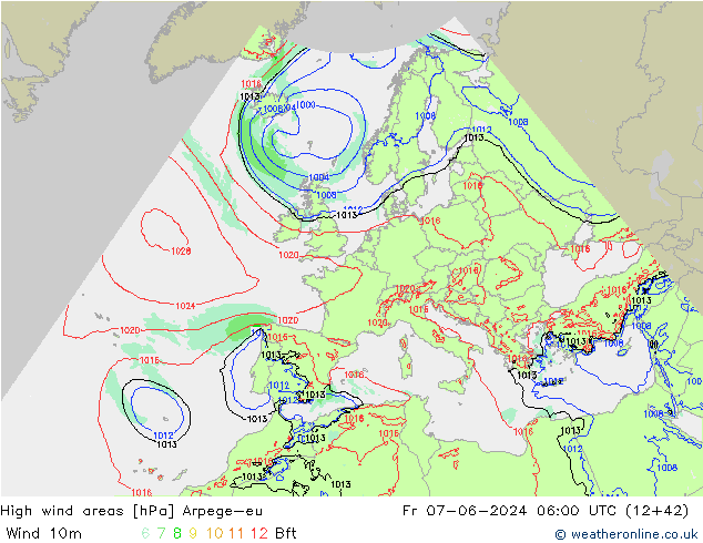 High wind areas Arpege-eu ven 07.06.2024 06 UTC