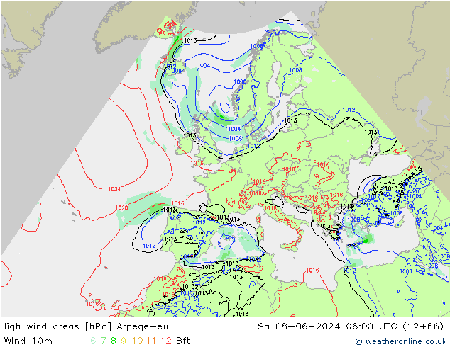 High wind areas Arpege-eu  08.06.2024 06 UTC