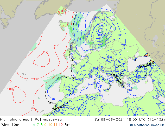 High wind areas Arpege-eu dom 09.06.2024 18 UTC