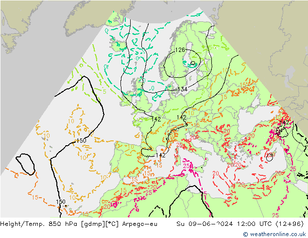 Height/Temp. 850 hPa Arpege-eu  09.06.2024 12 UTC