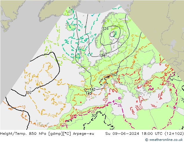 Hoogte/Temp. 850 hPa Arpege-eu zo 09.06.2024 18 UTC