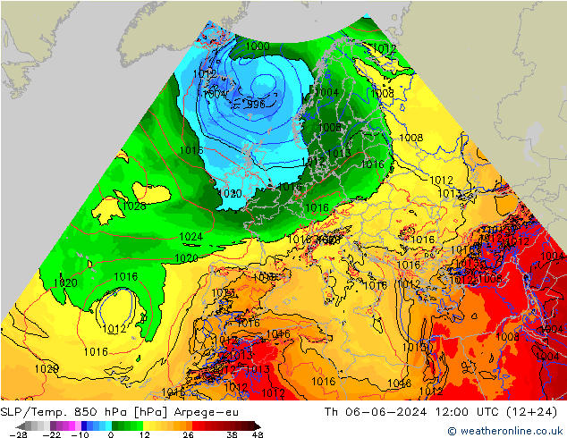 SLP/Temp. 850 hPa Arpege-eu Čt 06.06.2024 12 UTC