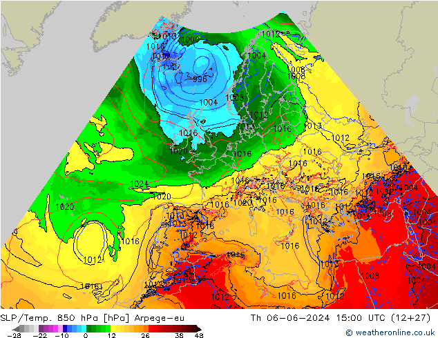 SLP/Temp. 850 hPa Arpege-eu jue 06.06.2024 15 UTC