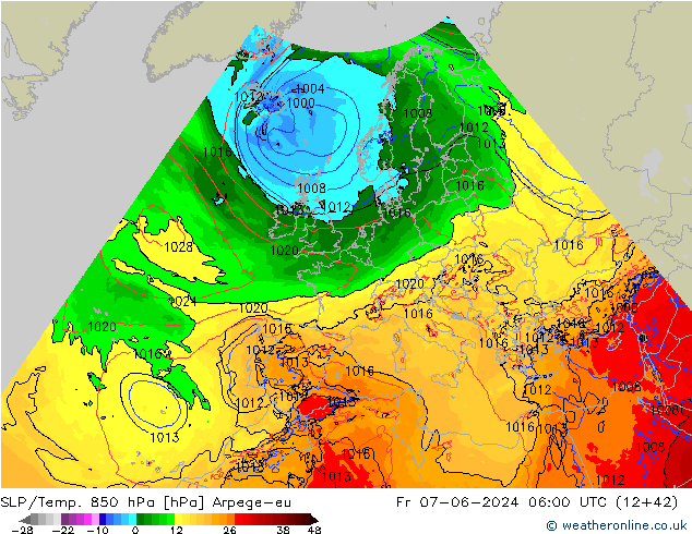 SLP/Temp. 850 hPa Arpege-eu Pá 07.06.2024 06 UTC