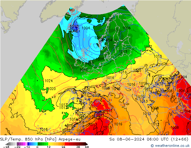 SLP/Temp. 850 hPa Arpege-eu Sa 08.06.2024 06 UTC