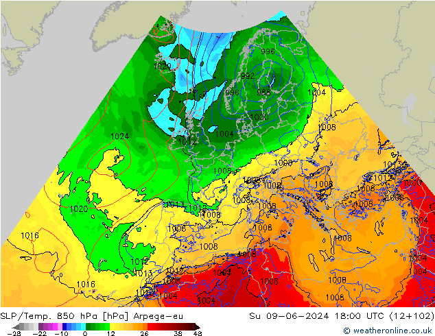 SLP/Temp. 850 hPa Arpege-eu dom 09.06.2024 18 UTC