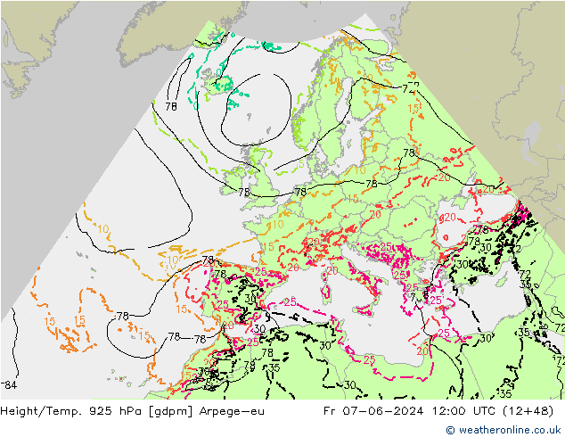 Height/Temp. 925 hPa Arpege-eu ven 07.06.2024 12 UTC