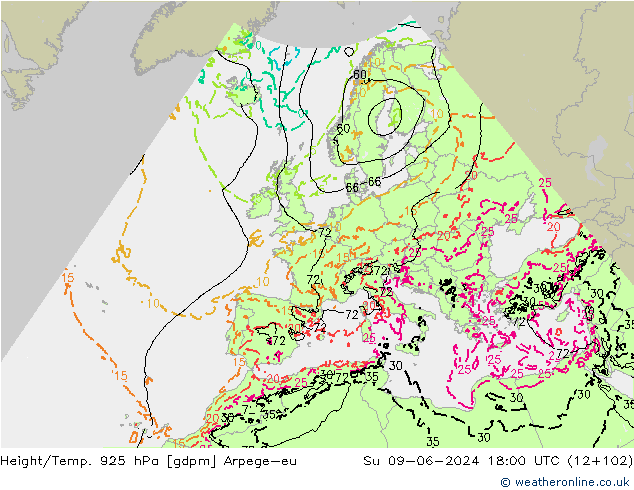 Height/Temp. 925 hPa Arpege-eu So 09.06.2024 18 UTC