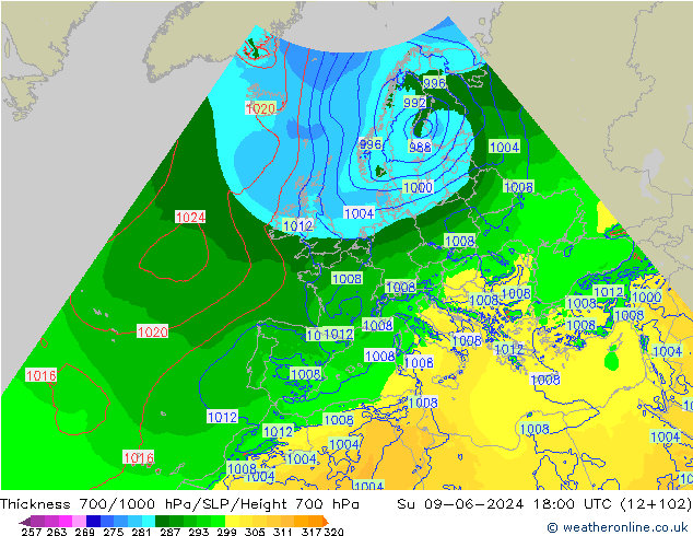 Thck 700-1000 hPa Arpege-eu  09.06.2024 18 UTC