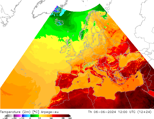 Temperatura (2m) Arpege-eu Qui 06.06.2024 12 UTC