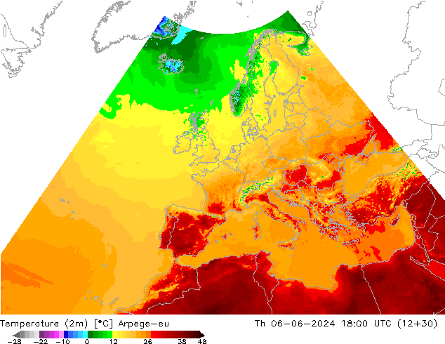 mapa temperatury (2m) Arpege-eu czw. 06.06.2024 18 UTC