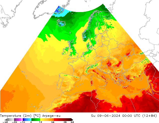 Temperatuurkaart (2m) Arpege-eu zo 09.06.2024 00 UTC