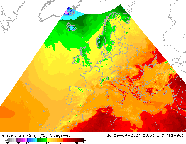 Temperature (2m) Arpege-eu Su 09.06.2024 06 UTC