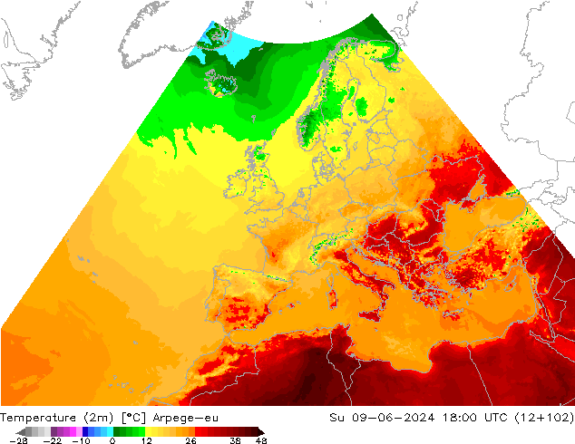 Temperatuurkaart (2m) Arpege-eu zo 09.06.2024 18 UTC