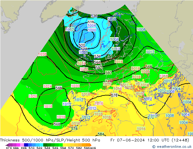 Espesor 500-1000 hPa Arpege-eu vie 07.06.2024 12 UTC