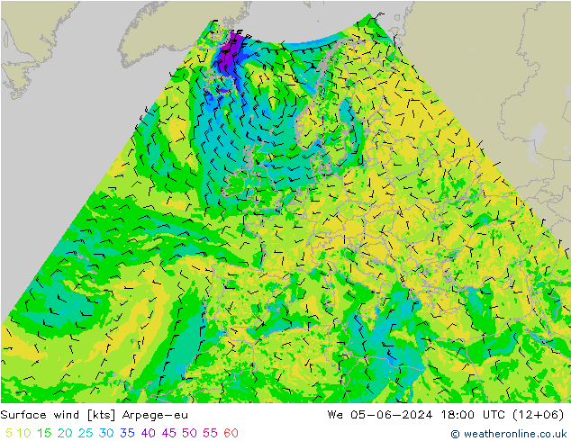 Surface wind Arpege-eu St 05.06.2024 18 UTC