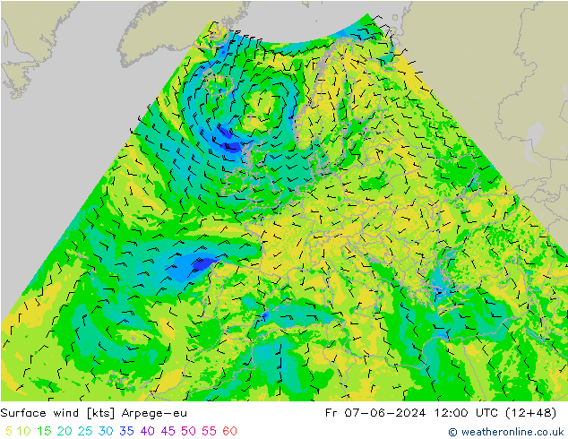 Viento 10 m Arpege-eu vie 07.06.2024 12 UTC