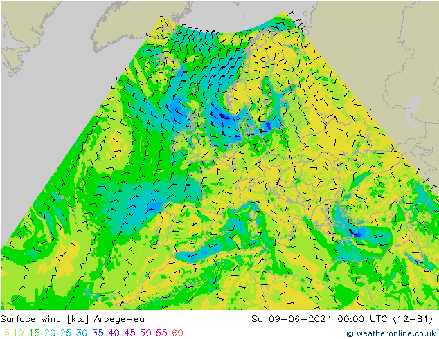 Vento 10 m Arpege-eu Dom 09.06.2024 00 UTC