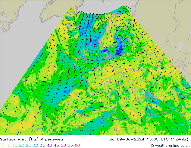 Vento 10 m Arpege-eu dom 09.06.2024 15 UTC