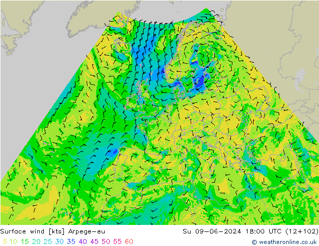 Surface wind Arpege-eu Su 09.06.2024 18 UTC