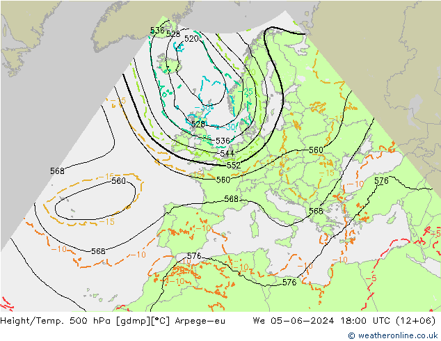 Height/Temp. 500 hPa Arpege-eu Mi 05.06.2024 18 UTC