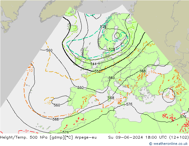 Hoogte/Temp. 500 hPa Arpege-eu zo 09.06.2024 18 UTC