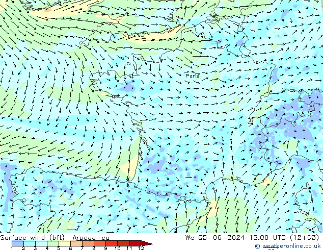Vento 10 m (bft) Arpege-eu Qua 05.06.2024 15 UTC