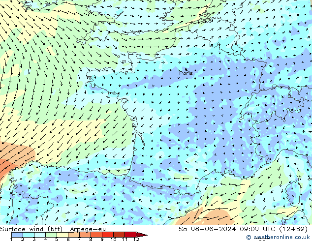 Surface wind (bft) Arpege-eu Sa 08.06.2024 09 UTC