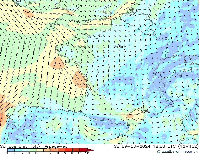 Wind 10 m (bft) Arpege-eu zo 09.06.2024 18 UTC