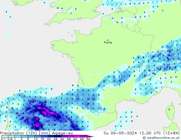 Précipitation (12h) Arpege-eu dim 09.06.2024 00 UTC