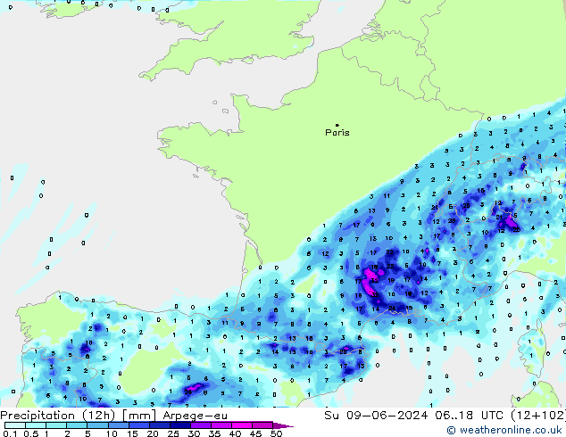 Precipitación (12h) Arpege-eu dom 09.06.2024 18 UTC