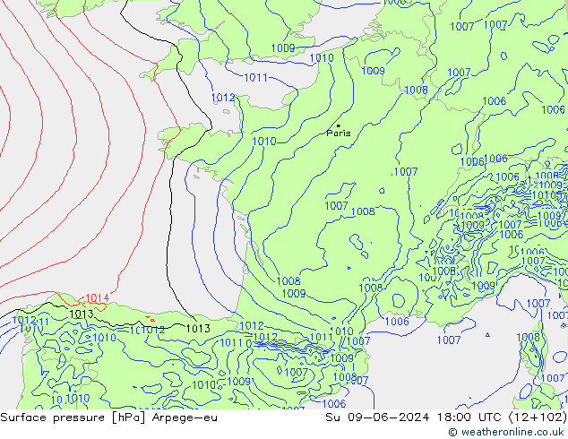 Surface pressure Arpege-eu Su 09.06.2024 18 UTC