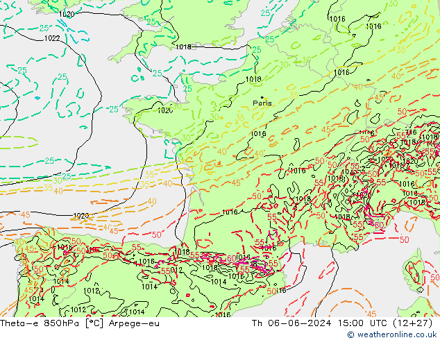 Theta-e 850hPa Arpege-eu  06.06.2024 15 UTC